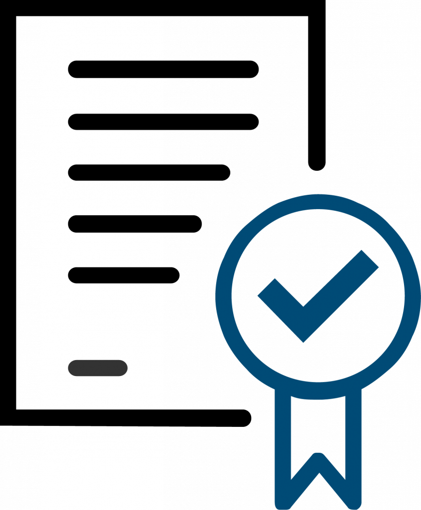 Symbol einer Urkunde oder eines Dokuments mit horizontalen Linien und einem blauen Häkchenband, das eine Genehmigung, Zertifizierung oder offizielle Anerkennung darstellt.